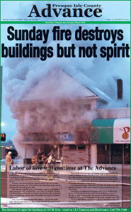 The front page of the Advance from Feb. 2006 showed the beginnings of the fire which would consume the Advance office and Big D's Pizza. 