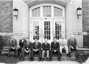 LONGTIME SUPERINTENDENT  of Schools Howard Gilpin (at right) is pictured with the male teachers at Rogers City High School in 1942. (Photo courtesy of the Presque Isle County Historical Museum)