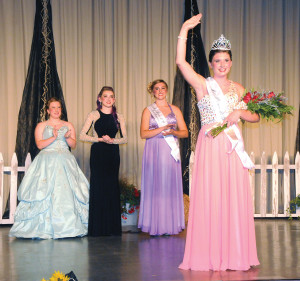 NEWLY-CROWNED Miss Posen 2015 Lyndsey Romel is introduced to the crowd at last week’s pageant. Also pictured are (from left) Brianna Krajniak, Kayla Flewelling and first runner-up Jolene Reese.  (Photo by Richard Lamb)