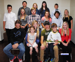 POSEN’S 2015 fall homecoming royalty includes, front from left, senior Evan Schuch, elementary rep Ava Ewing, queen Jolene Reese, king Kyle Knopf, elementary rep James Lucas, senior Lauren Romel, middle, exchange student rep Max Schultz, sophomores Cami LaTulip and Caleb Reese, juniors Taylor Roznowski and Nathan Mulka, exchange student Anna Soerensen, back, junior reps Gabe Jakubcin and Riley Krajniak, freshmen Brooke Ciarkowski and Jared Sharpe. (Photo by Peter Jakey) 