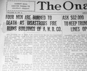 The front page of a January, 1926 issue of the Onaway Outlook told the news about the devastating fire. 