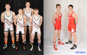 SIX WRESTLERS from the county are set to wrestle in the state individual tournament beginning today (Thursday) at The Palace of Auburn Hills. At right, Onaway standouts (from left) Zeke Nave and Troy Klein will take the mats along with Rogers City wrestlers (left photo from left) Quitin Kelly, Sam Sobeck, Justin Saile and Tristan Baller. All will compete for individual titles in Division 4. (Photos by Richard Lamb)