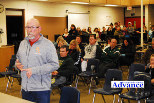 AT THE conclusion of Monday’s board of education meeting, Pat Lamb implored board members to reconsider the decision to remove him as head wrestling coach and custodian. Some of his supporters, standing in the back, expressed how “coach Pat” has shaped the lives of so many young people at Rogers City High School.  (Photo by Peter Jakey)
