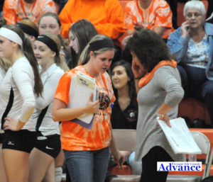 Head coach Jackie Quaine (at right) talks strategy with assistant Megan Przybyla during a timeout at the regional final. (Photo by Richard Lamb)