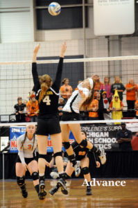 High-flying Kayla Rabeau skies on an attack in the Class D semifinal match. 