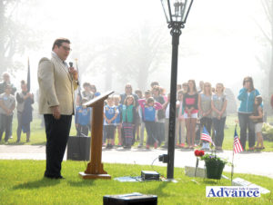 DEVIN POMMERENKE delivered a heart-felt Memorial Day speech on a foggy morning in Memorial Park Cemetery, Rogers City. 