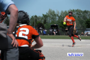 Huron sophomore Jayna Hance earned the win in the June 3 district championship game over Hillman in Hillman. (Photo by Richard Lamb)