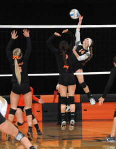 High-flying Kayla Rabeau tees up another kill shot for the Hurons. (Photo by Richard Lamb)