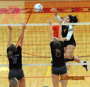 Taylor Fleming led the team with 25 kills in the match win over Leland. (Photo by Richard Lamb)