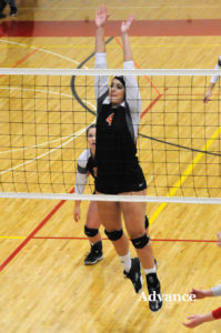 Junior middle hitter Taylor Fleming had 21 kills, 13 digs and altered many shots with her presence at the net. 
