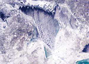 HERE IS a satellite view of Lake Huron Jan. 6, the coldest day of winter so far, when ice concentration was at almost 40 percent. (Photo courtesy of Great Lakes Environmental Research Laboratory)
