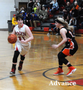 Posen's Brooke Ciarkowski is guarded by Rogers City's Jayna Hance in Friday's district championship game. (Photo by Richard Lamb)