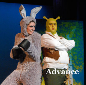Donkey (Brittany VanderWall) and Shrek (Morgan Suszek) are at odds through much of the play, but develop a strong friendship. (Photo by Peter Jakey)