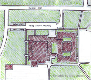 New parking spaces will be added on the north side of the high school building. (Graphic by Matt Bisson)