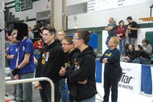  THE POSEN ROBOTICS’ drive team through most of the 2018 competition includes, from left, Jeremy Styma, Paul Styma and Tyler Hincka. In back is Matthew Szatkowski. (Photo by Peter Jakey)