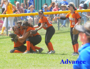 Kayla Rabeau is tackled after making a spectacular catch to end the regional championship game.