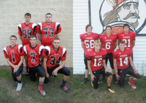 ONAWAY’S SENIORS (at left) led the football team into Central Lake for the first game of the 2018 season. Pictured, front from left, are Dawson Hilliker, Gavin Fenstermaker, Brendan Hilliker, back, Gage Northrop and Declan Clayton. POSEN’S SENIORS (at right) led the charge in the game with Crossroads Academy. They include, front from left, Fred Anderson, Jeremy Misiak, back, Ben Delekta, Mark Wisniewski and Sam Brunet.