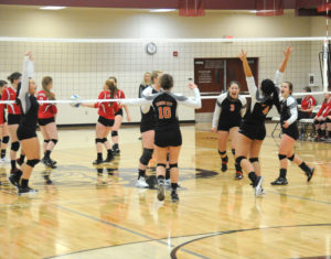 The Huron players celebrated the winning point in Thursday's semifinal match with Johannesburg-Lewiston. 