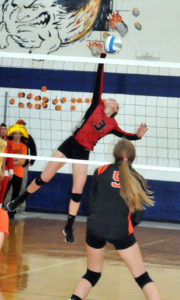 Senior Kennedy Crawford was able to put this ball away for a kill without a blocker on her. 
