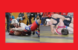 Onaway's great season came to an end in the Division 4 quarterfinal round. Winning by pin were Coty Ionetz (at left) and Matthew Grant. (Photos by Angie Asam from regionals)