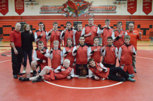 DISTRICT AND CHAMPIONSFor the second consecutive year the Onaway Cardinals’ wrestling team won district and regional titles. Front from left are Coty Ionetz and Teddy Peters. Middle from left are Andrew Pippo, Nick Gardner, Brittney Wolgast, Matthew Grant, Aidan Fry, Joey Galvez and Dylan Crowe. Back from left are head coach Mark Grant, manager Maggie Grant, Sam Tennant, Seth Enos, Colby Pauly, Brendan Fenstermaker, Declan Clayton, Maxwell Boettger, Gavin Fenstermaker and assistant coach Rod Fullerton. (Photo by Angie Asam)