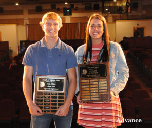 Kaleb Budnick and Taylor Fleming earned athlete of the year honors at the sports boosters awards night. (Photo by Richard Lamb)