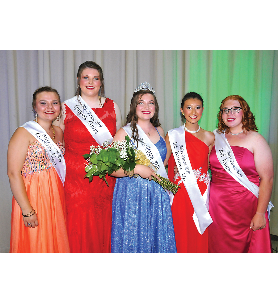 Miss Posen 2019 is surrounded by contestants (from left) Paige Thompson, Madison Menzel, first runner-up Hailey Styma and Alexis May. (Photo by Peter Jakey)